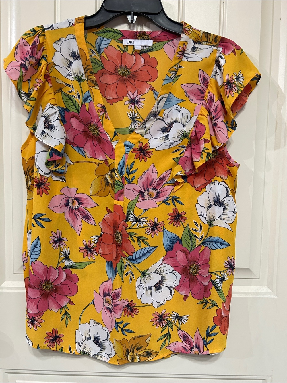 DR2 Yellow Floral Ruffle V-Neck Top Size L #207